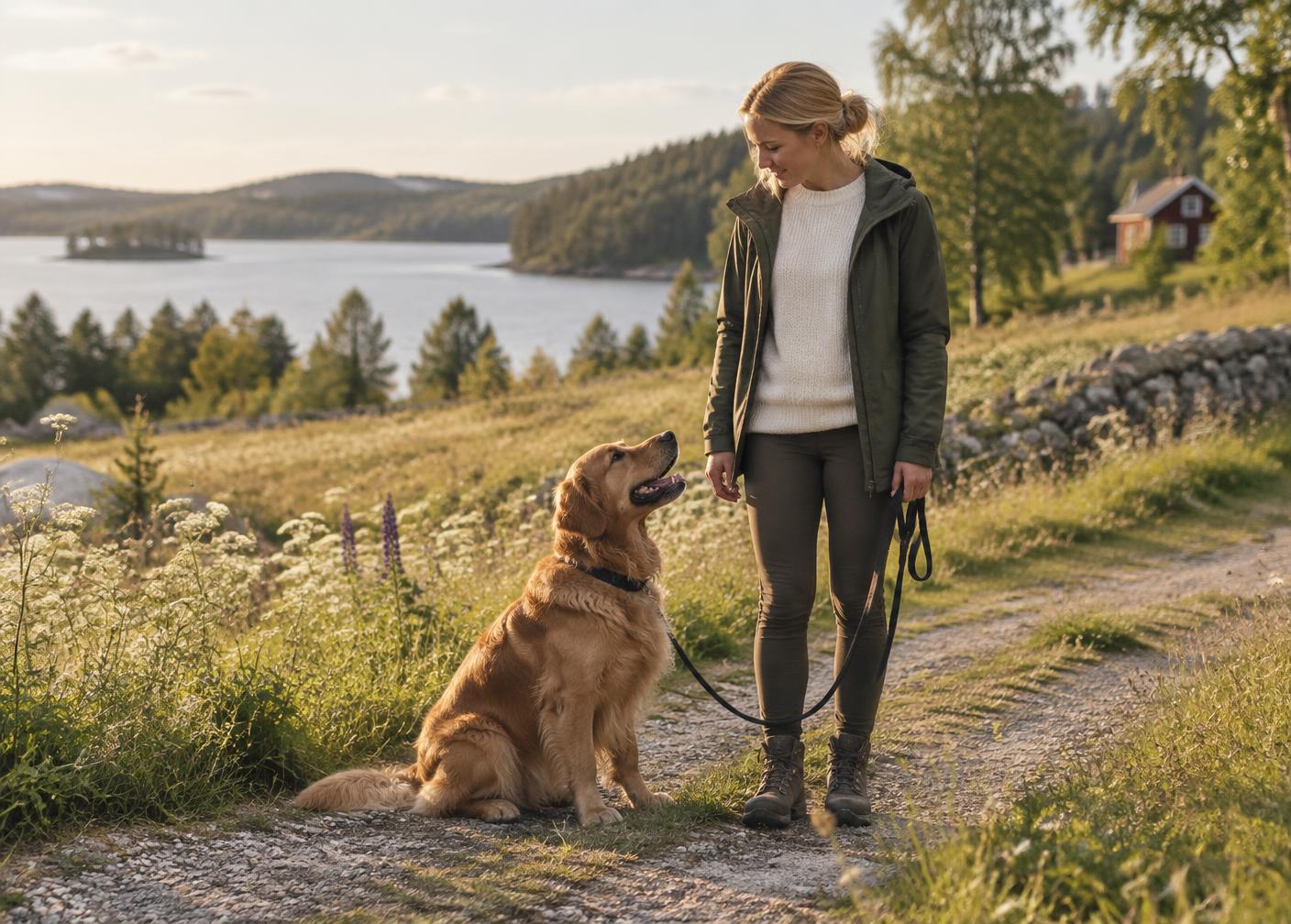 En kvinna och hennes hund har ögonkontakt på en stilla naturstig