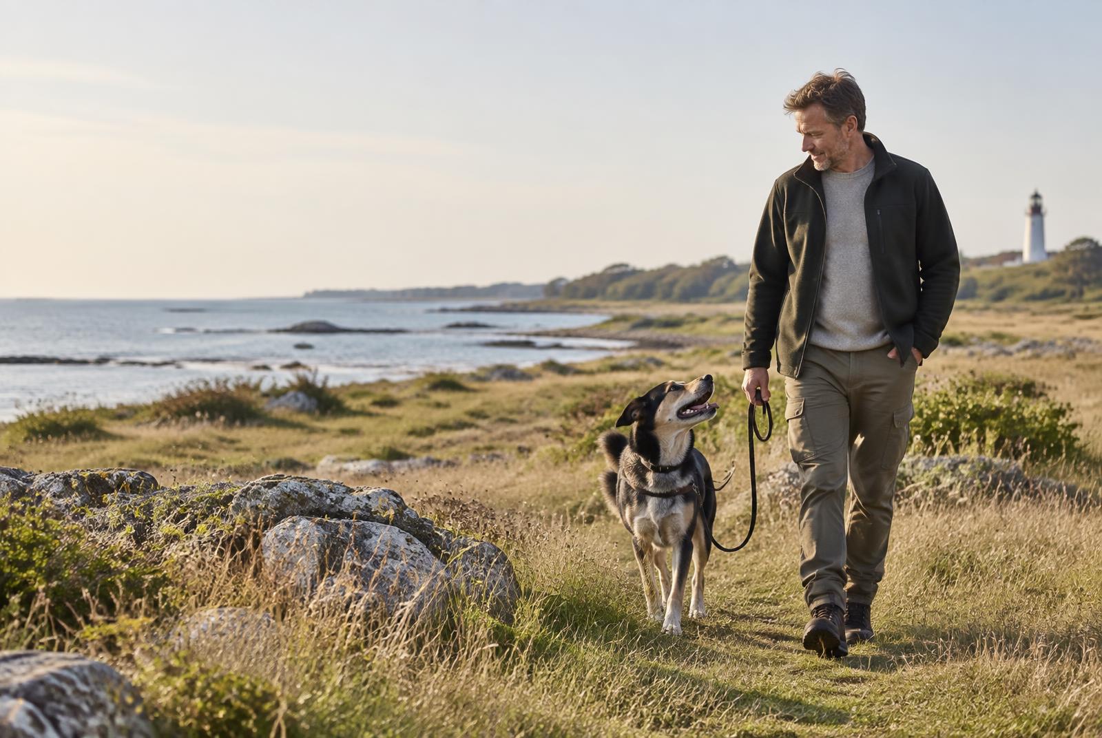En man och en hund promenerar tillsammans i Ölands kustlandskap